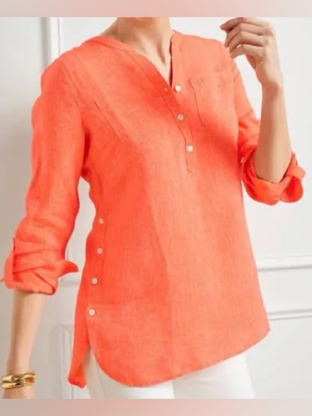 Talbots Linen Blouse Orange 1/4 + Side Button High Low Lightweight Womenβs LP